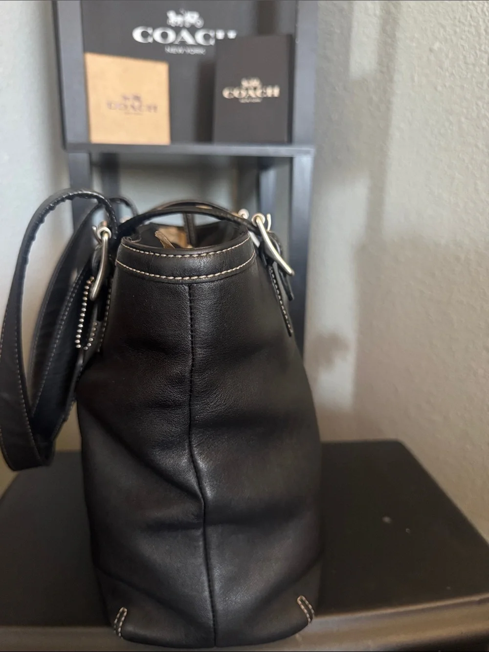 Coach Black Leather Messenger Tote with Contrast Stitching